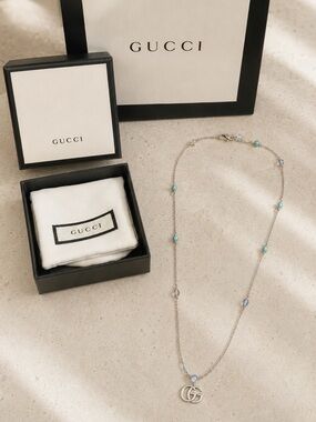 Gucci Silver Necklace with Turquoise Stations and GG Pendant